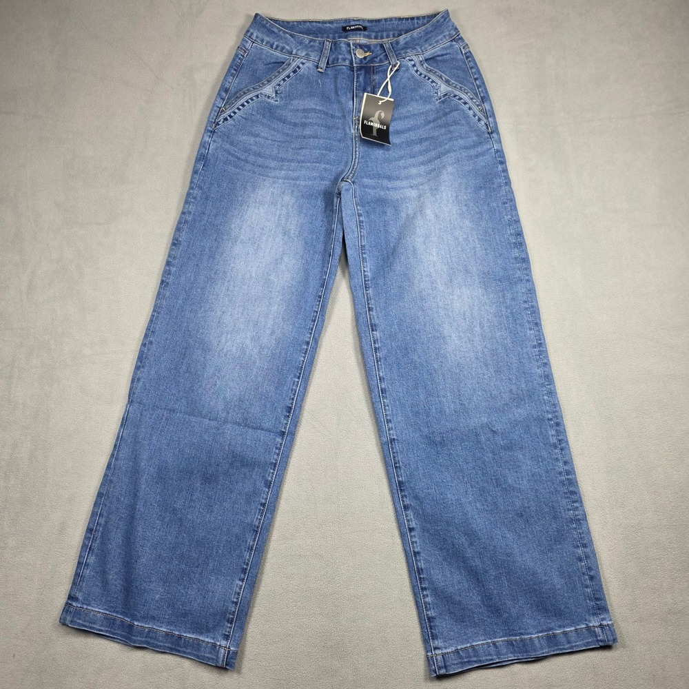 Flamingals Jeans Women Small Blue Wide Leg High Rise HB Stretch Medium Wash